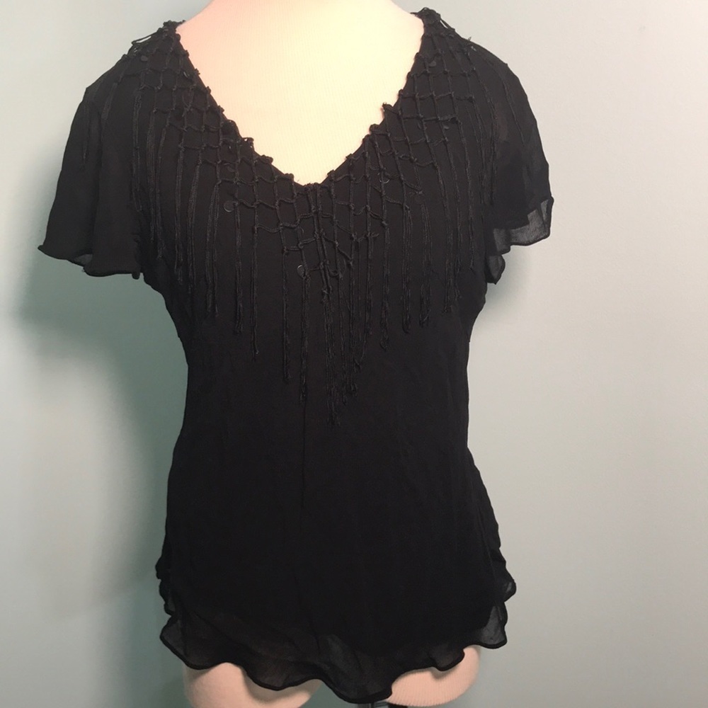 Lola P black v neck tassel shirt sleeve blouse size XL - Picture 1 of 5